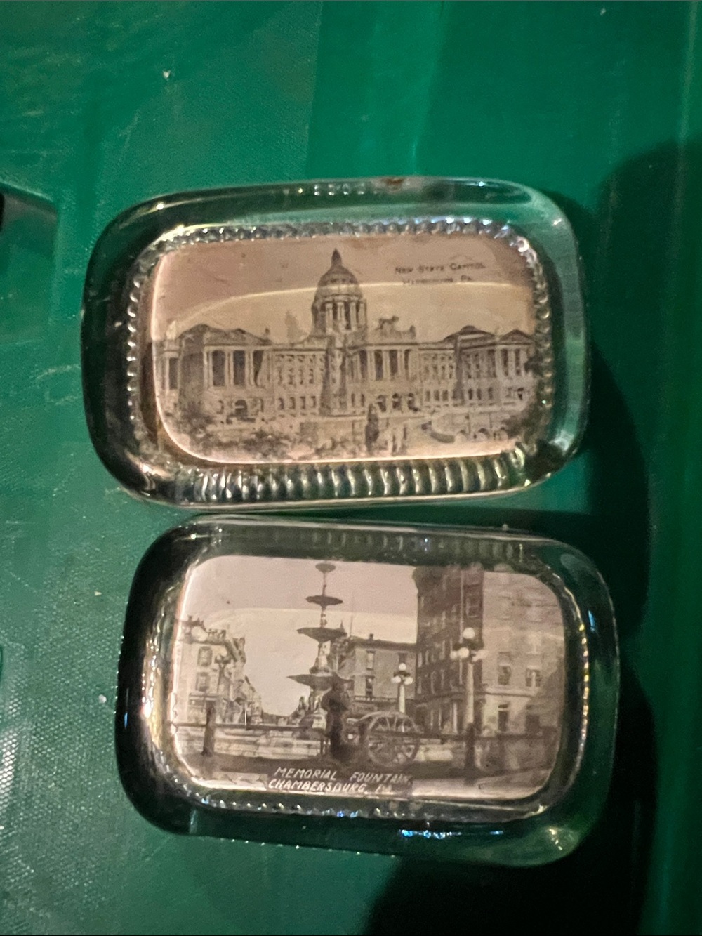 Retro Vintage Green Glass Souvenir Paperweights with City Prints